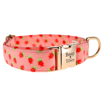 a strawberry pattern boop town collection dog collar with gold metal buckle and d-ring