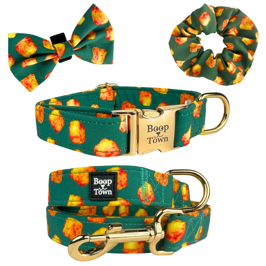 Tater Tots 4 Piece Set - Matching Aesthetic Collar, Leash, Bow, Hair Scrunchie